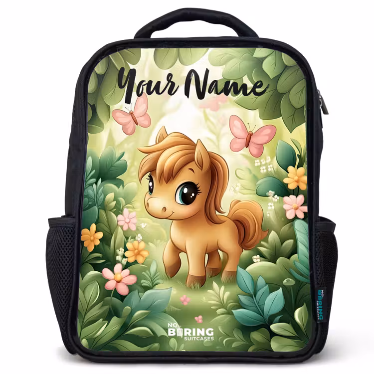 Kids backpack with name - Black - Horse - Flowers - Butterflies — 1