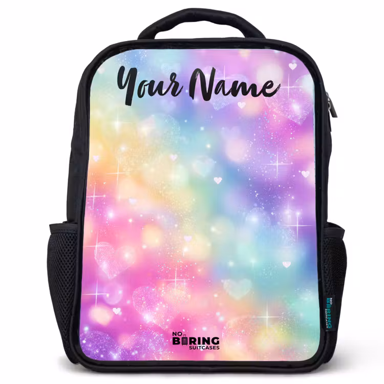 Kids backpack with name - Black - Light - Rainbow - Hearts — 1