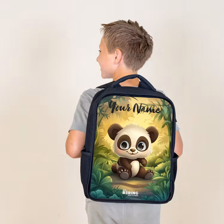 Kids backpack with name - Black - Panda - Bamboo Forest - Green — 2