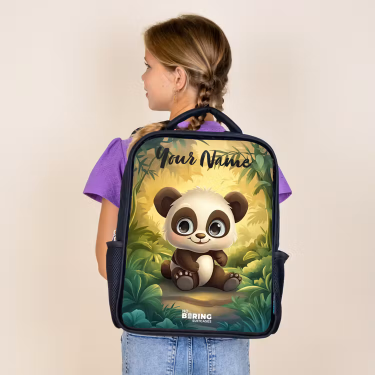 Kids backpack with name - Black - Panda - Bamboo Forest - Green — 4
