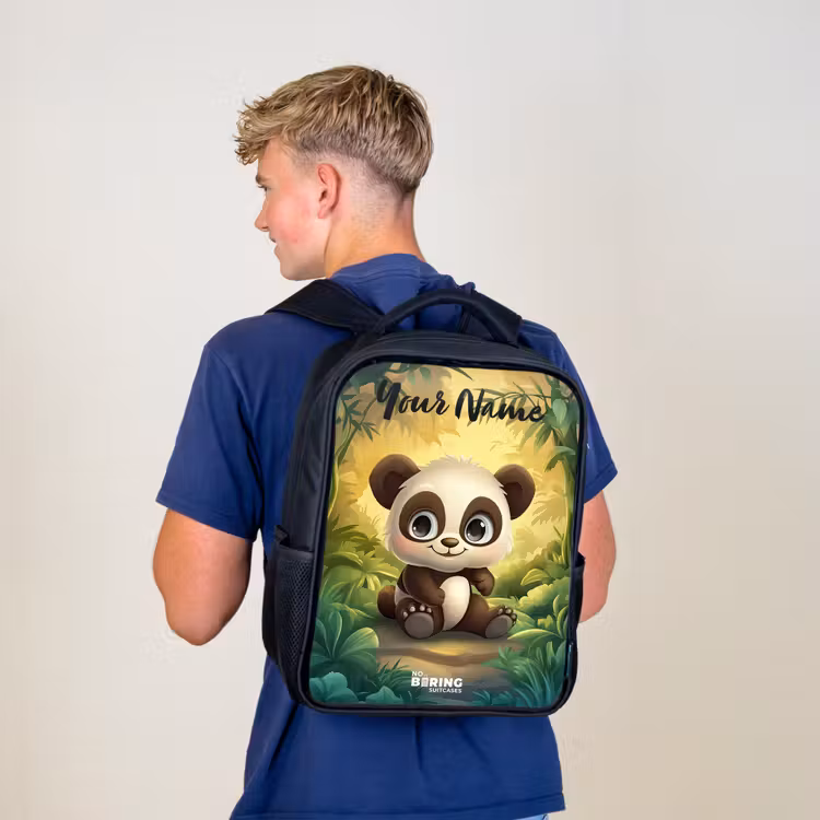 Kids backpack with name - Black - Panda - Bamboo Forest - Green — 5