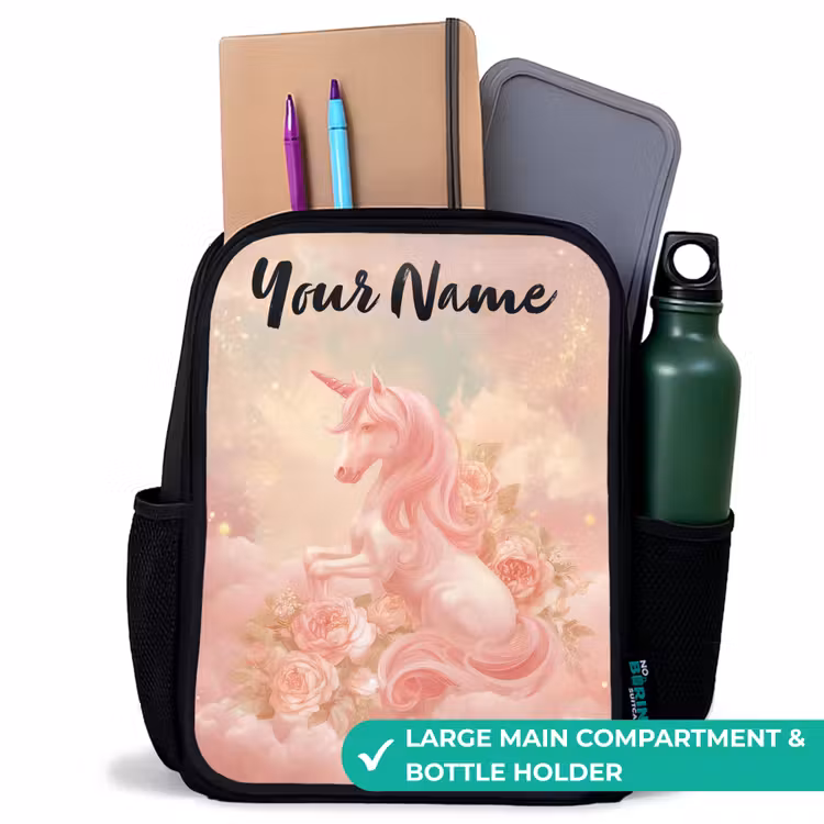 Kids backpack with name - Black - Unicorn - Clouds - Pink — 10