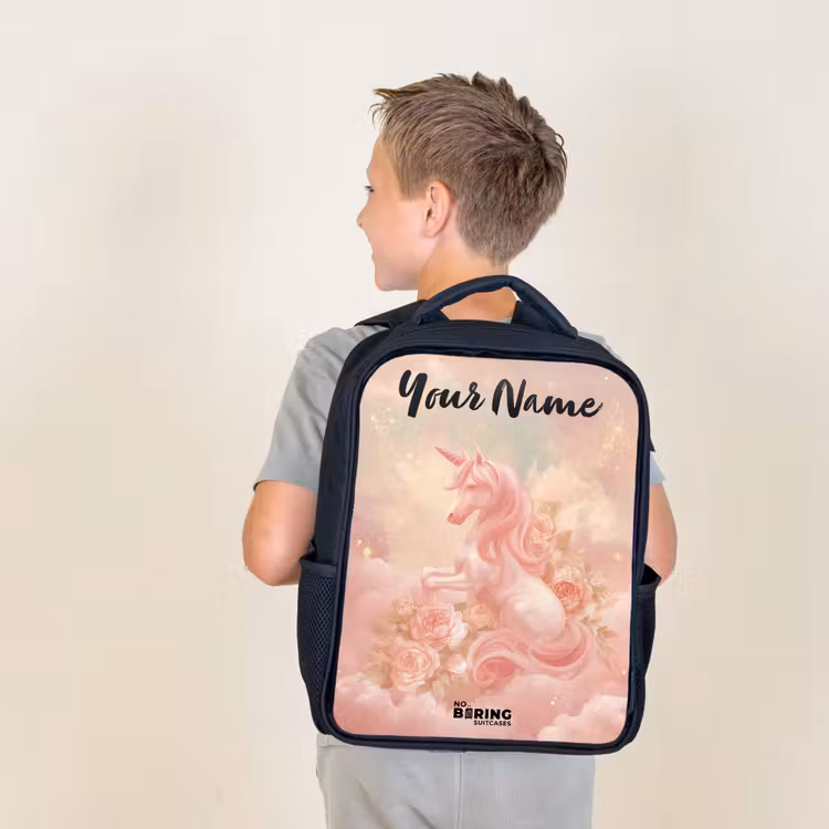 Kids backpack with name - Black - Unicorn - Clouds - Pink — 2