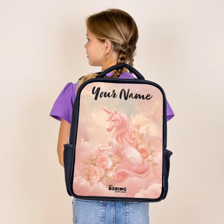 Kids backpack with name - Black - Unicorn - Clouds - Pink — 4