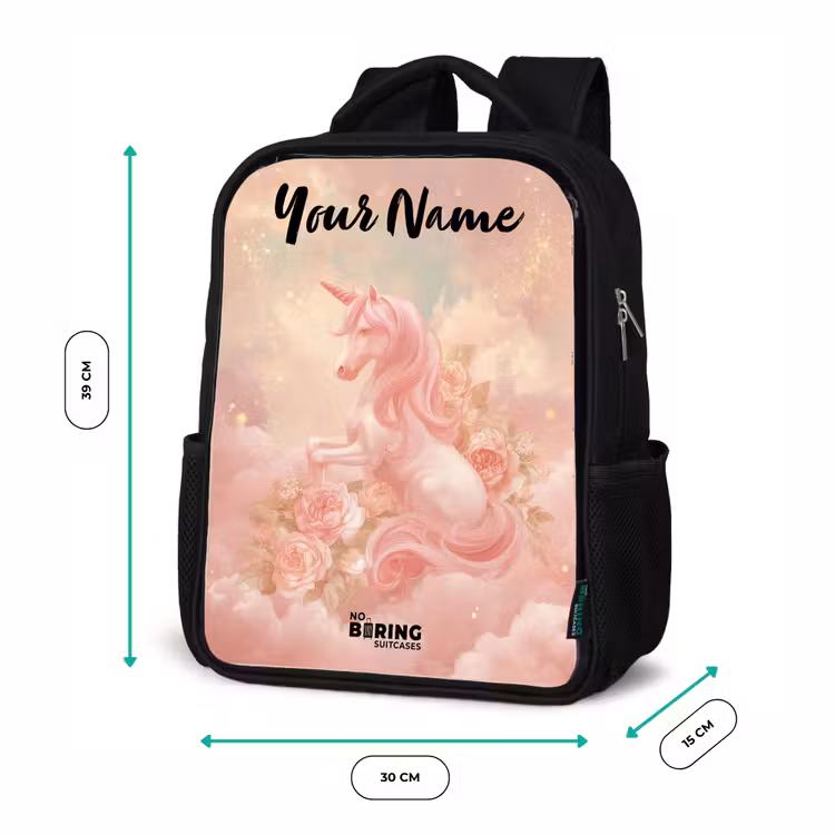 Kids backpack with name - Black - Unicorn - Clouds - Pink — 8