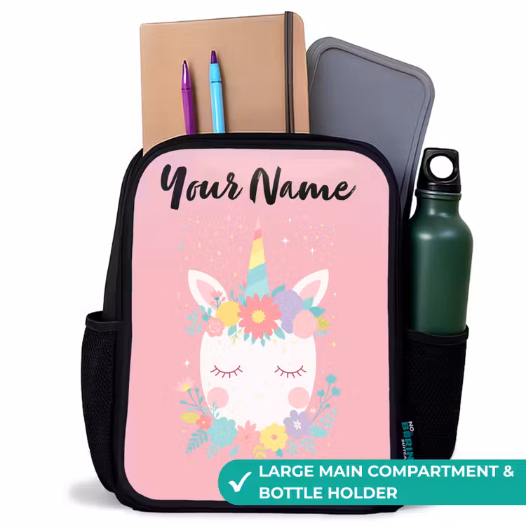 Kids backpack with name - Black - Unicorn - Flowers - Pink — 10