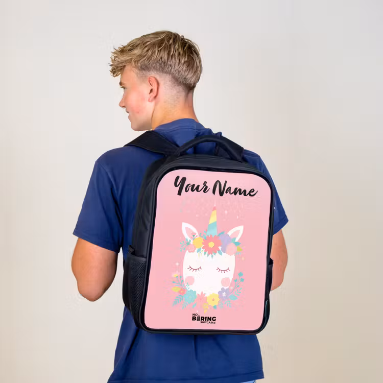 Kids backpack with name - Black - Unicorn - Flowers - Pink — 5