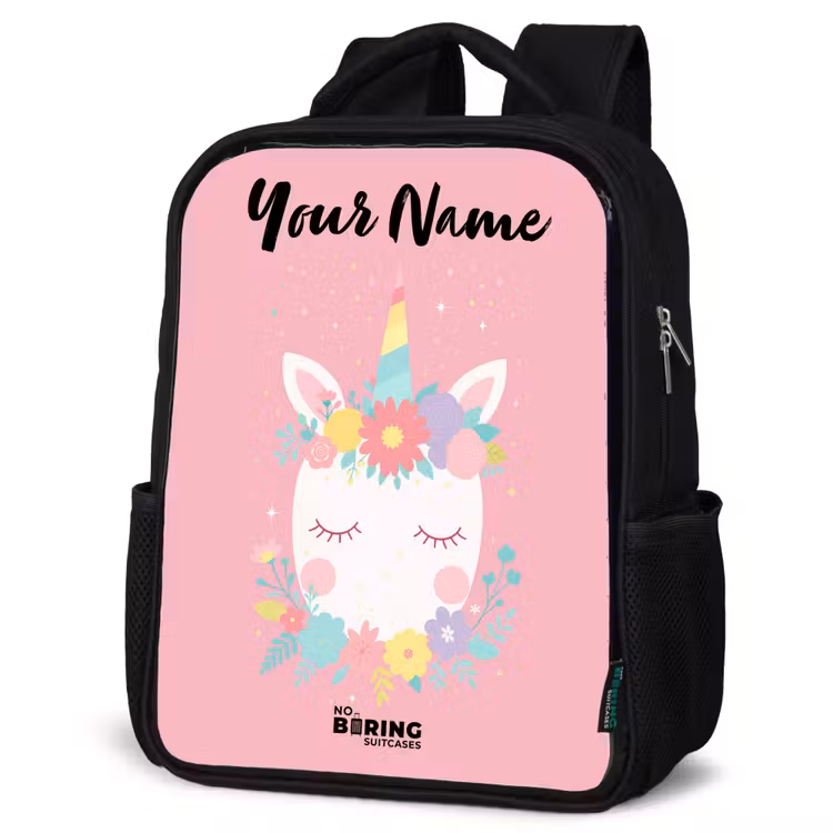Kids backpack with name - Black - Unicorn - Flowers - Pink — 6