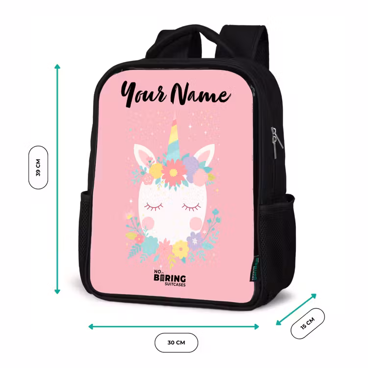 Kids backpack with name - Black - Unicorn - Flowers - Pink — 8