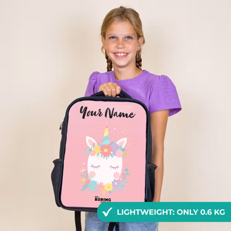 Kids backpack with name - Black - Unicorn - Flowers - Pink — 9