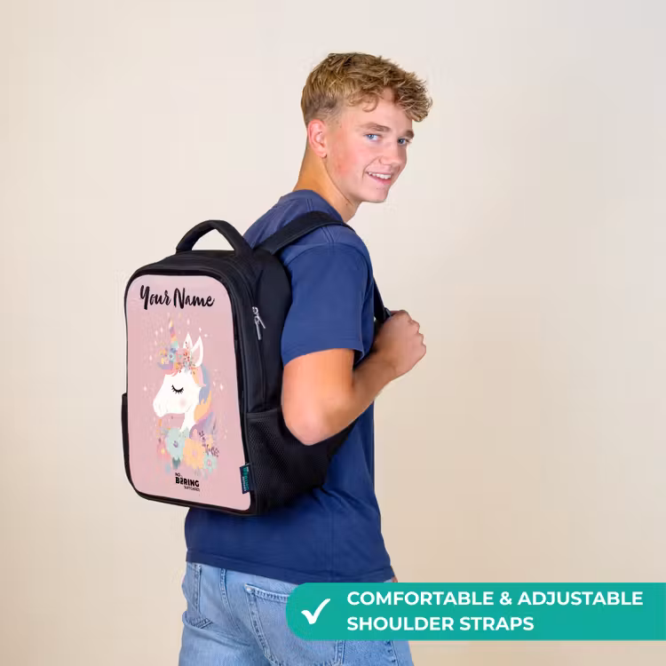 Kids backpack with name - Black - Unicorn - Pink - Flowers — 11