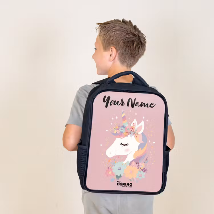 Kids backpack with name - Black - Unicorn - Pink - Flowers — 2