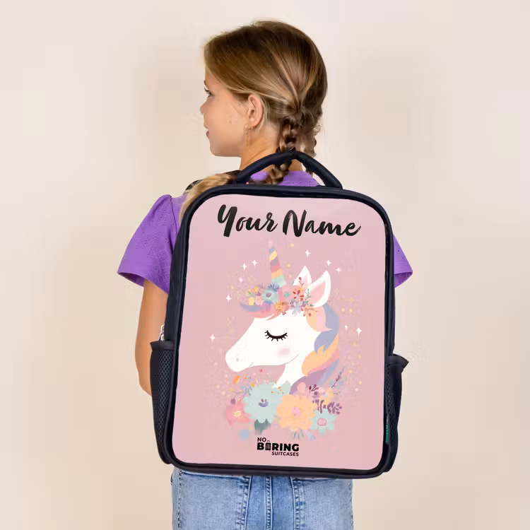 Kids backpack with name - Black - Unicorn - Pink - Flowers — 4
