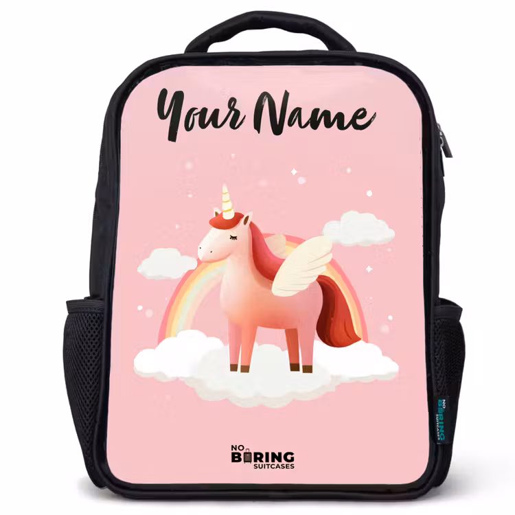 Kids backpack with name - Black - Unicorn - Wings - Pink - Rainbow — 1