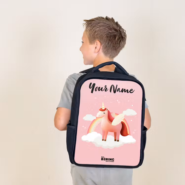 Kids backpack with name - Black - Unicorn - Wings - Pink - Rainbow — 2