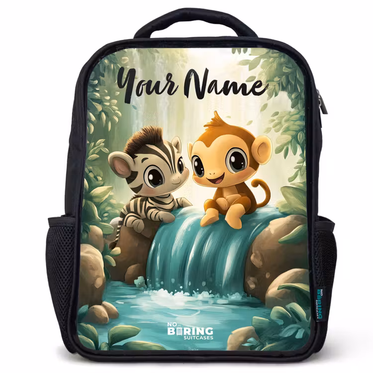 Kids backpack with name - Black - Zebra - Monkey - Waterfall - Rocks — 1