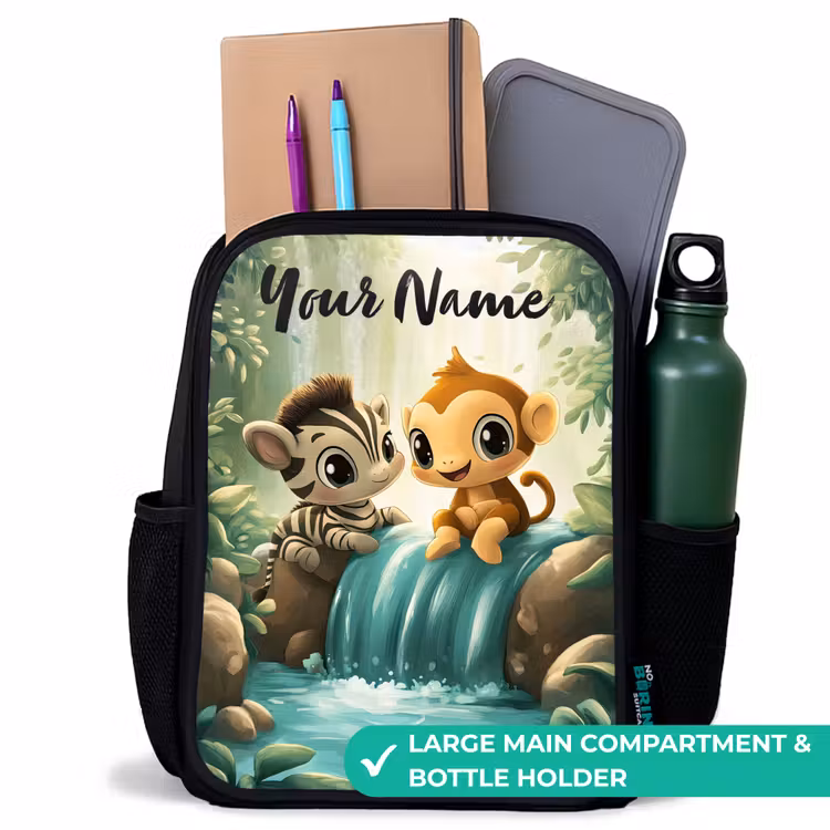 Kids backpack with name - Black - Zebra - Monkey - Waterfall - Rocks — 10