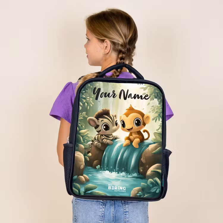 Kids backpack with name - Black - Zebra - Monkey - Waterfall - Rocks — 4