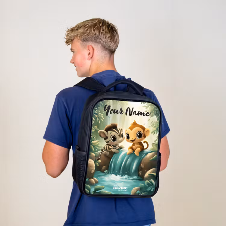 Kids backpack with name - Black - Zebra - Monkey - Waterfall - Rocks — 5