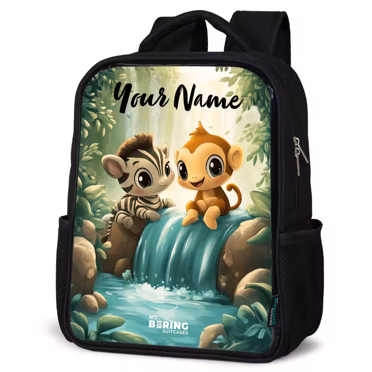 Kids backpack with name - Black - Zebra - Monkey - Waterfall - Rocks — 6