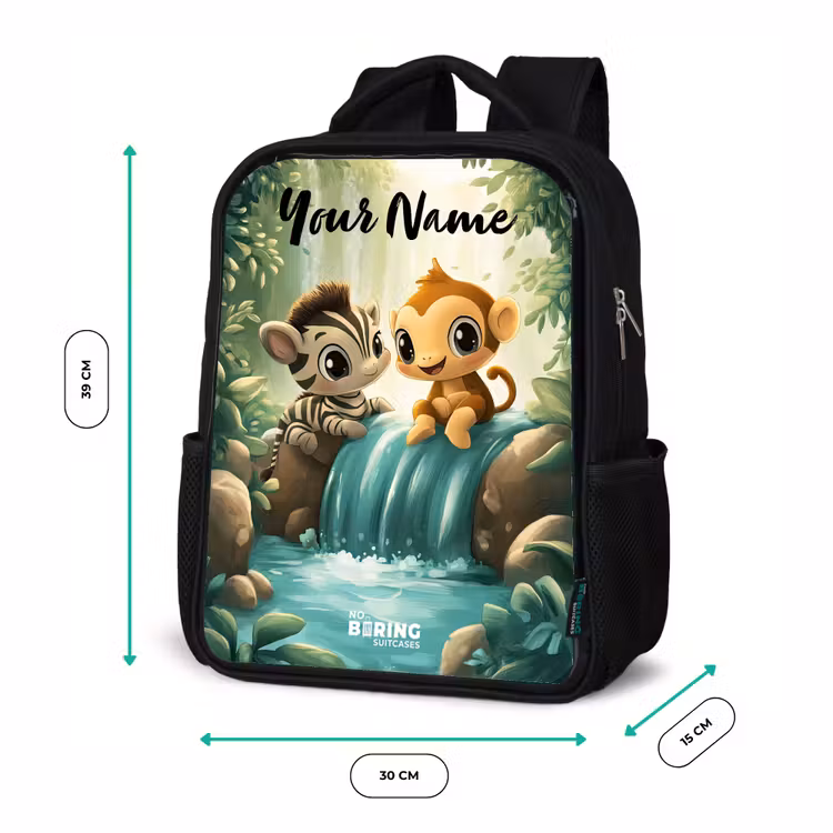 Kids backpack with name - Black - Zebra - Monkey - Waterfall - Rocks — 8