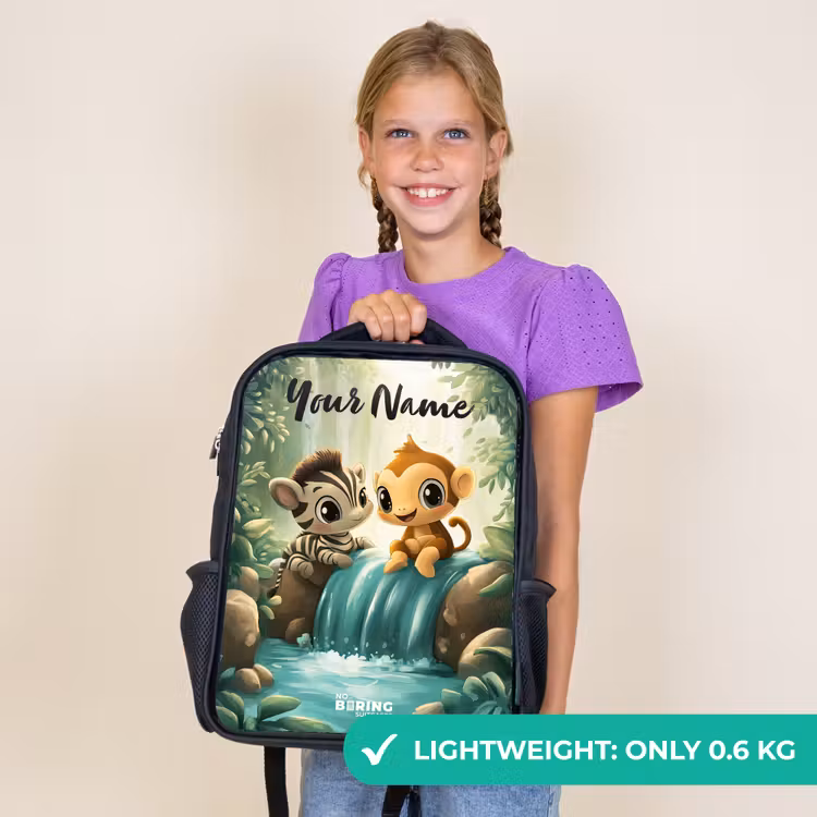 Kids backpack with name - Black - Zebra - Monkey - Waterfall - Rocks — 9