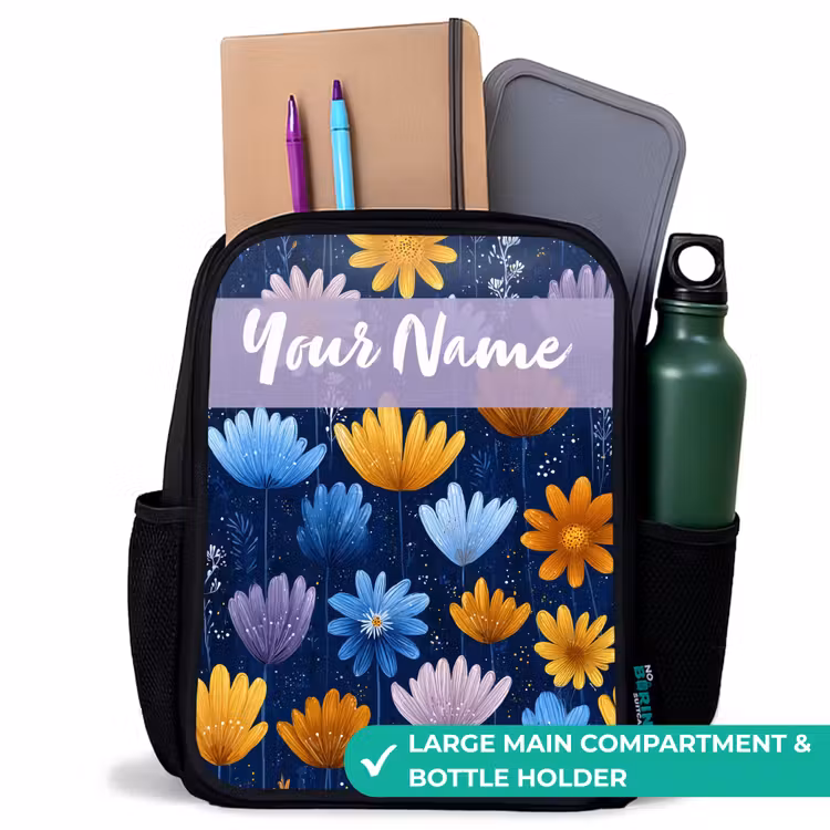 Kids backpack with name - Black - Flowers - Pattern - Blue — 10
