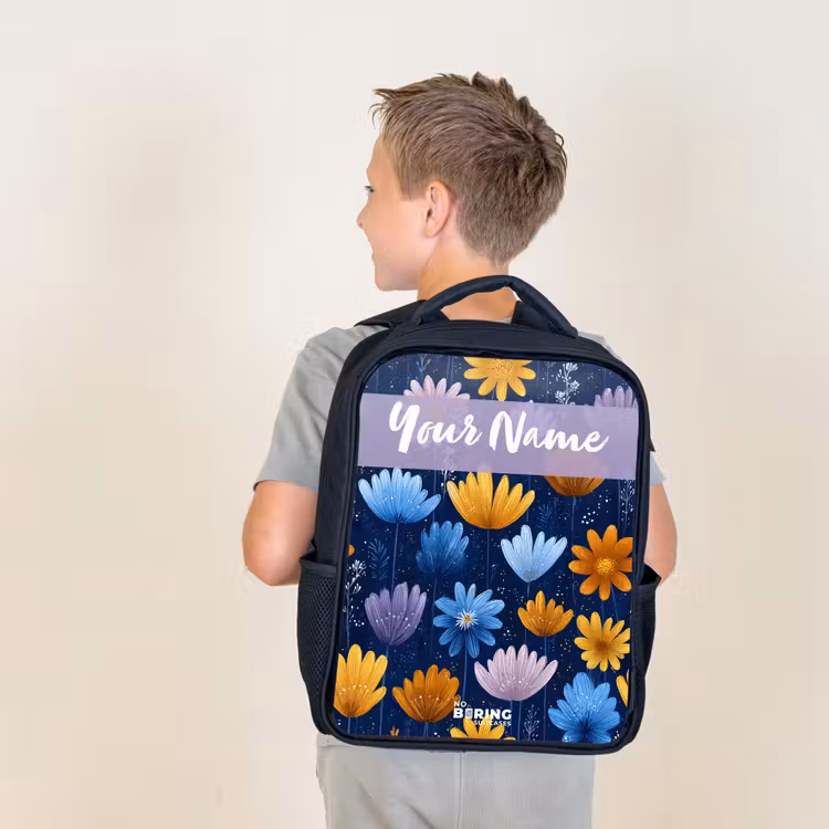 Kids backpack with name - Black - Flowers - Pattern - Blue — 2