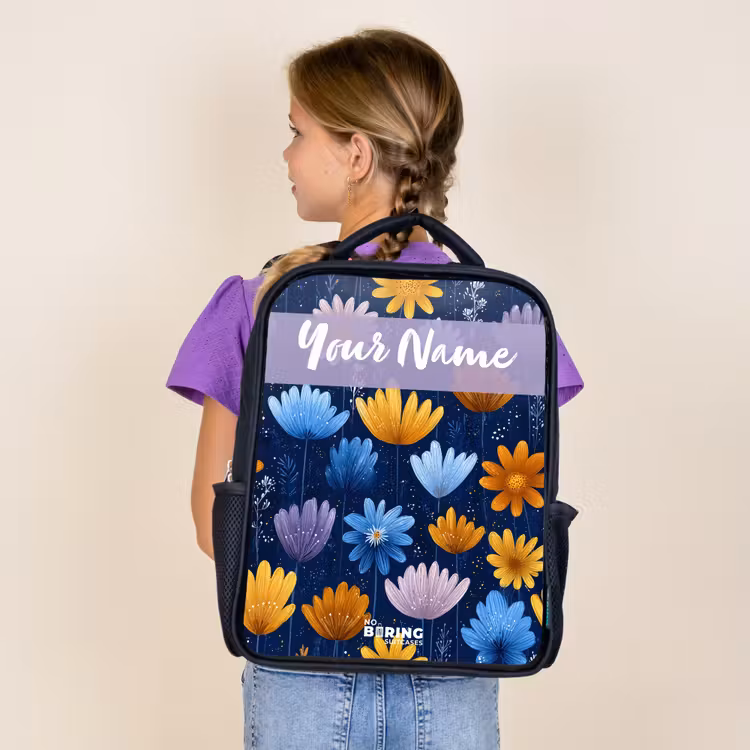 Kids backpack with name - Black - Flowers - Pattern - Blue — 4