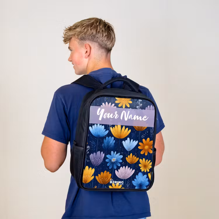 Kids backpack with name - Black - Flowers - Pattern - Blue — 5