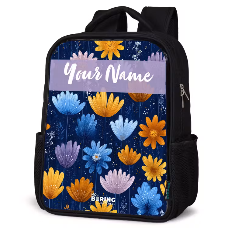 Kids backpack with name - Black - Flowers - Pattern - Blue — 6
