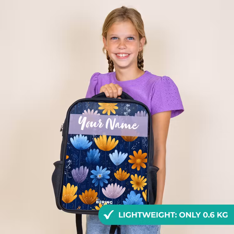 Kids backpack with name - Black - Flowers - Pattern - Blue — 9