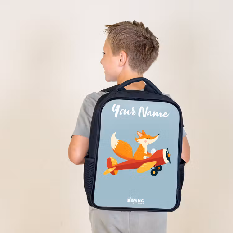 Kids backpack with name - Black - Fox - Airplane - Flies — 2