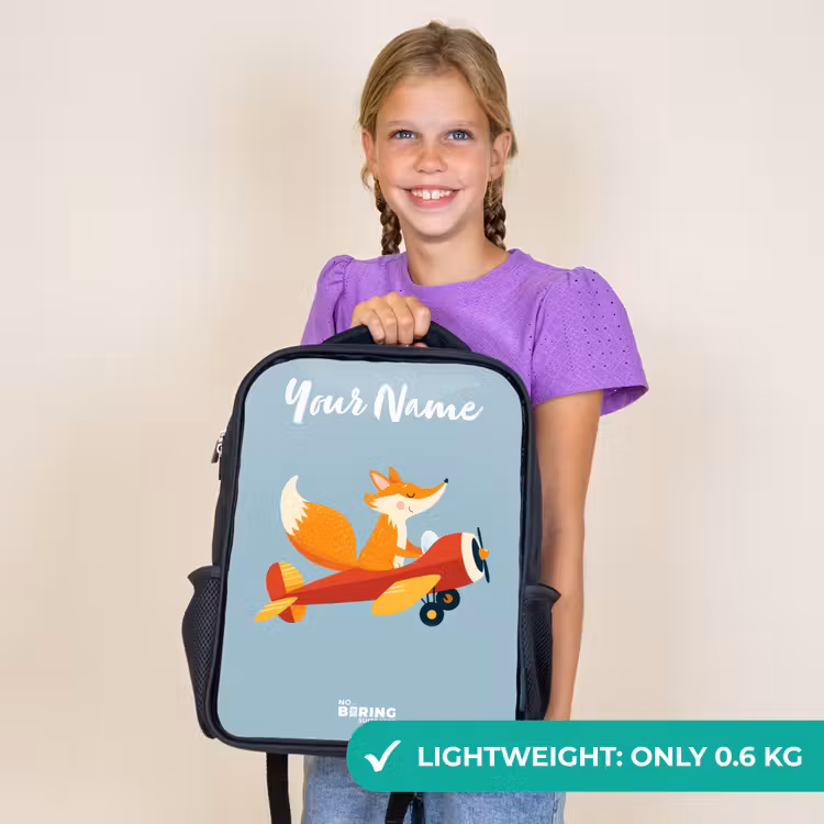 Kids backpack with name - Black - Fox - Airplane - Flies — 9