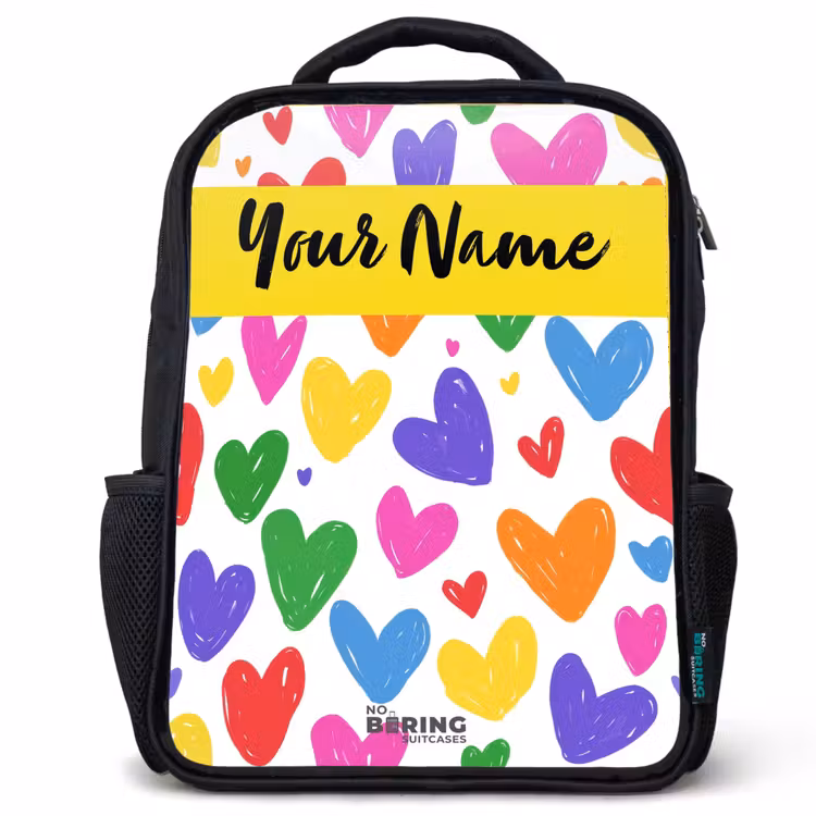 Kids backpack with name - Black - Hearts - Pattern - Colorful — 1