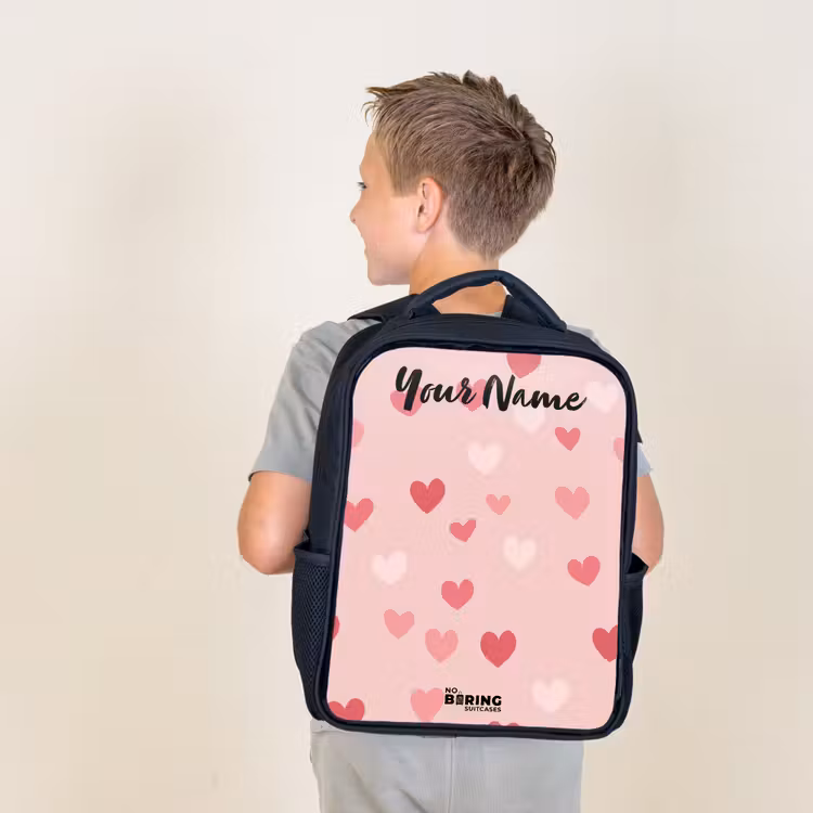 Kids backpack with name - Black - Hearts - Pattern - Pink — 2