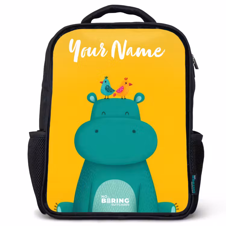 Kids backpack with name - Black - Hippo - Birds - Yellow — 1