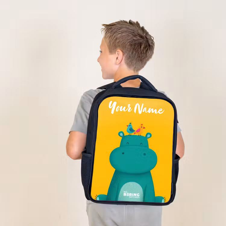 Kids backpack with name - Black - Hippo - Birds - Yellow — 2