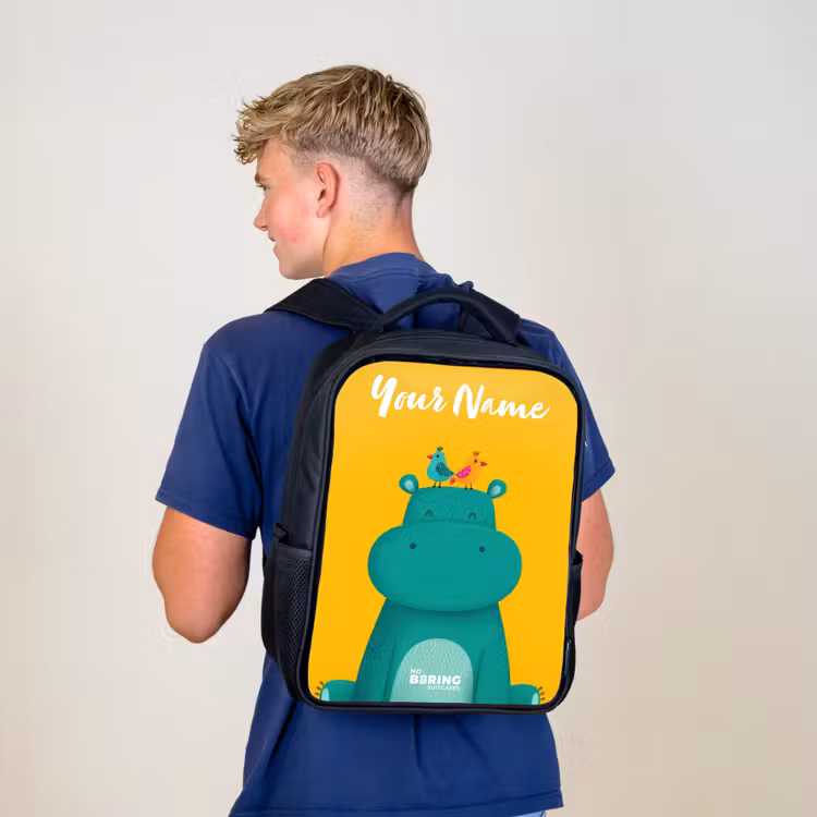 Kids backpack with name - Black - Hippo - Birds - Yellow — 5