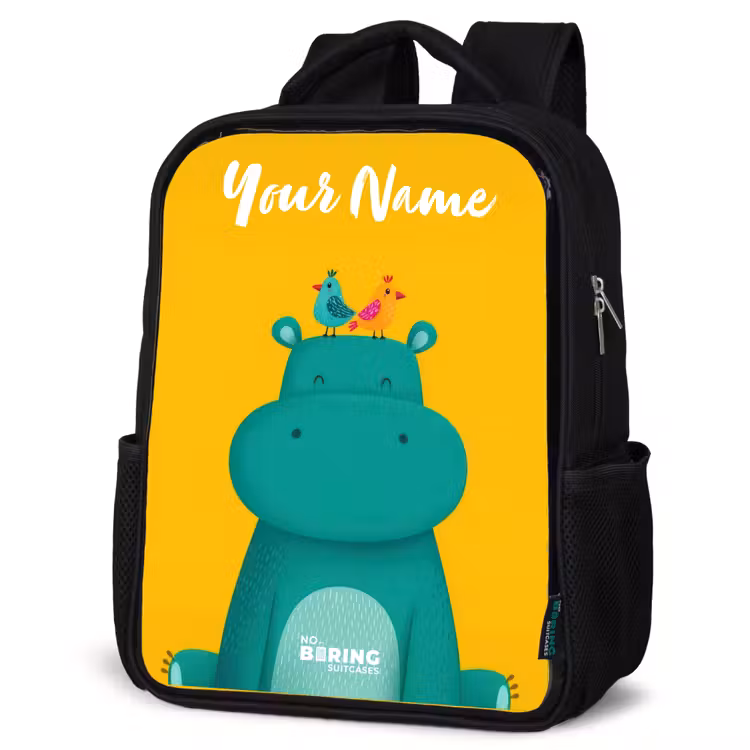 Kids backpack with name - Black - Hippo - Birds - Yellow — 6