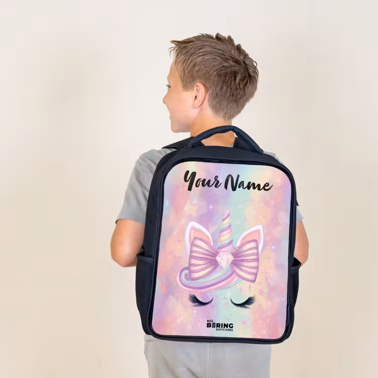 Kids backpack with name - Black - Unicorn - Glitter - Rainbow - Pastel — 2