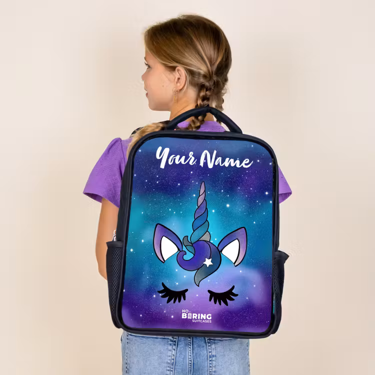 Kids backpack with name - Black - Unicorn - Starry Sky - Blue — 4