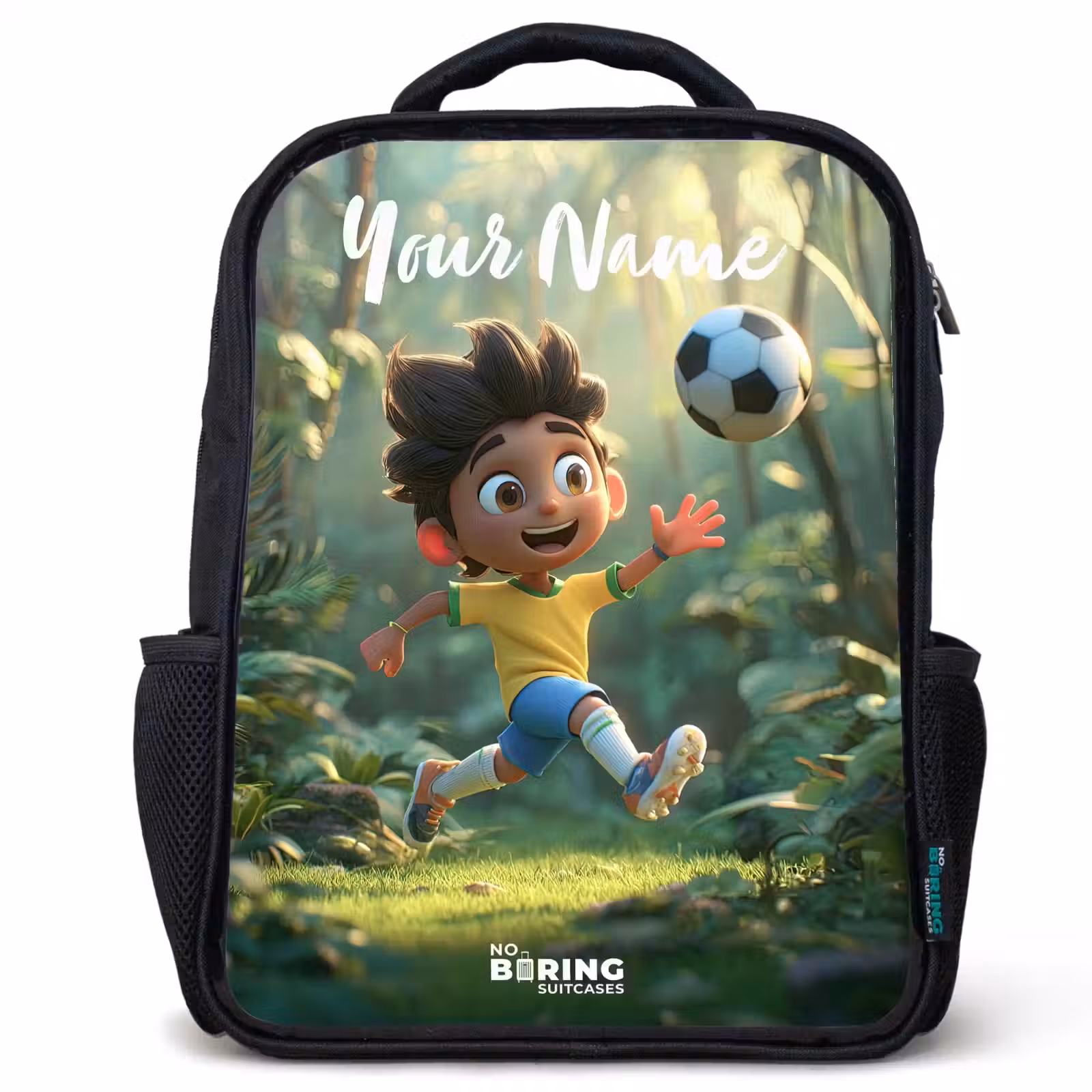 Kids backpack with name - Black - Boy - Football - Forest - Trees — 1