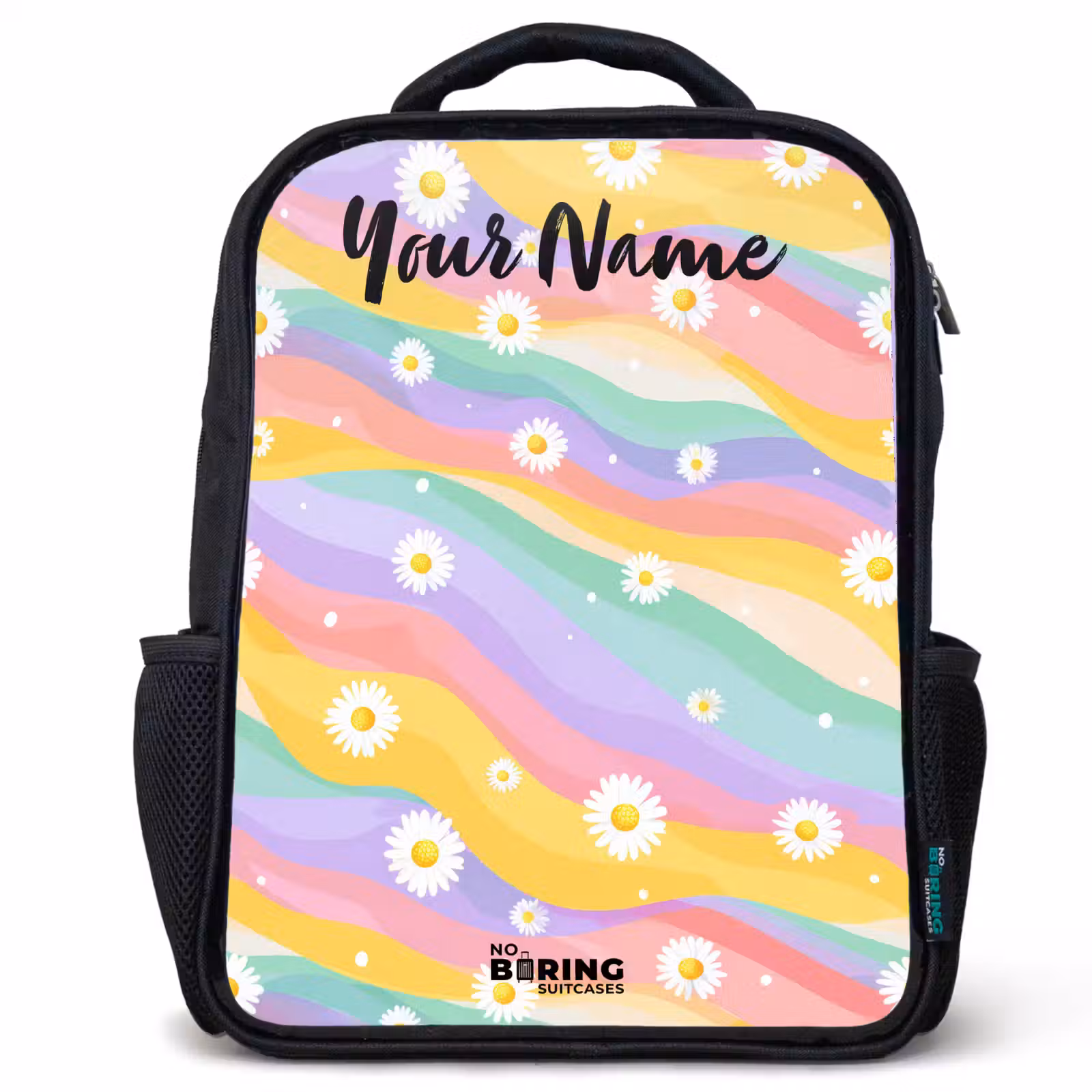 Kids backpack with name - Black - Daisies - Colorful - Pastel — 1