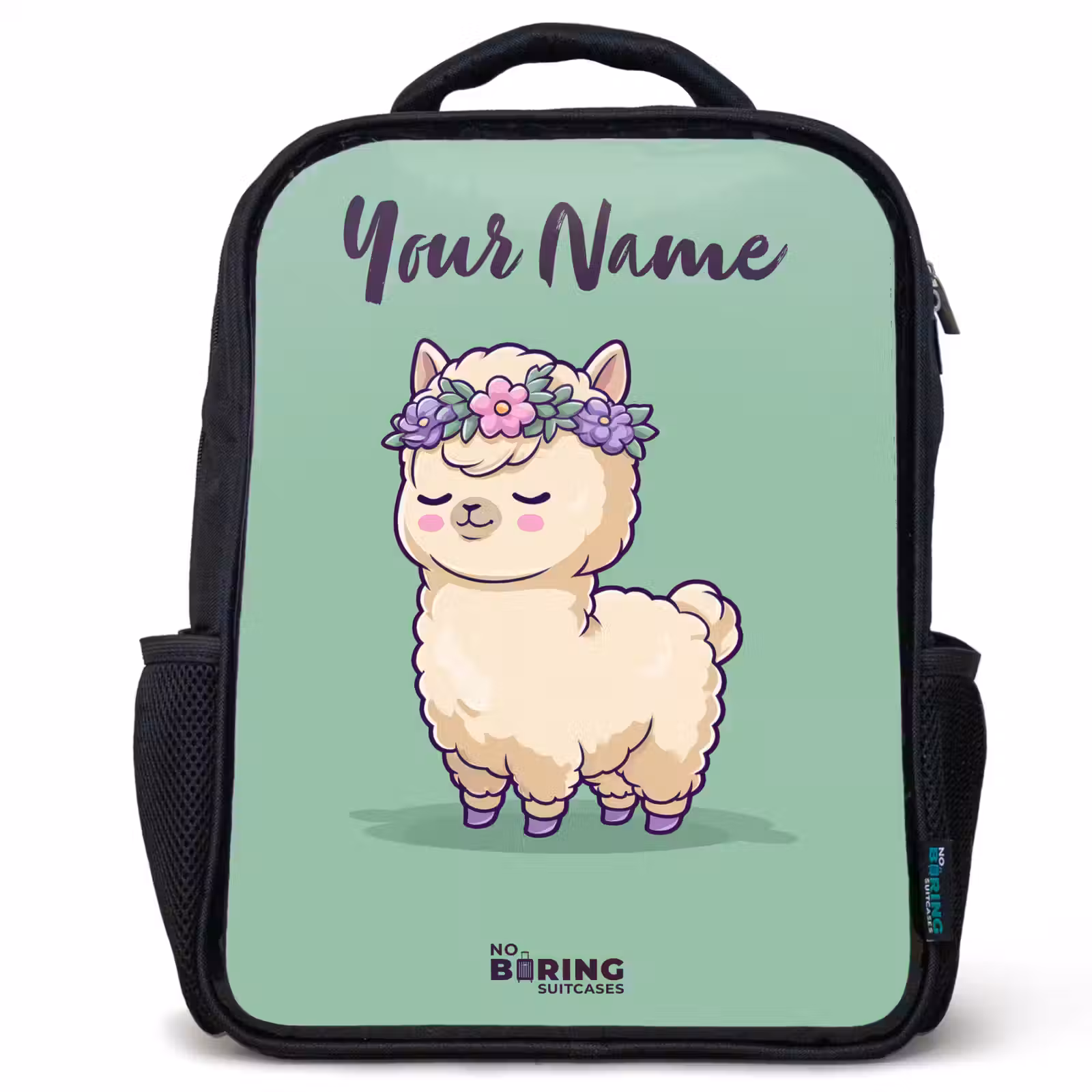 Kids backpack with name - Black - Kawai - Alpaca - Green — 1