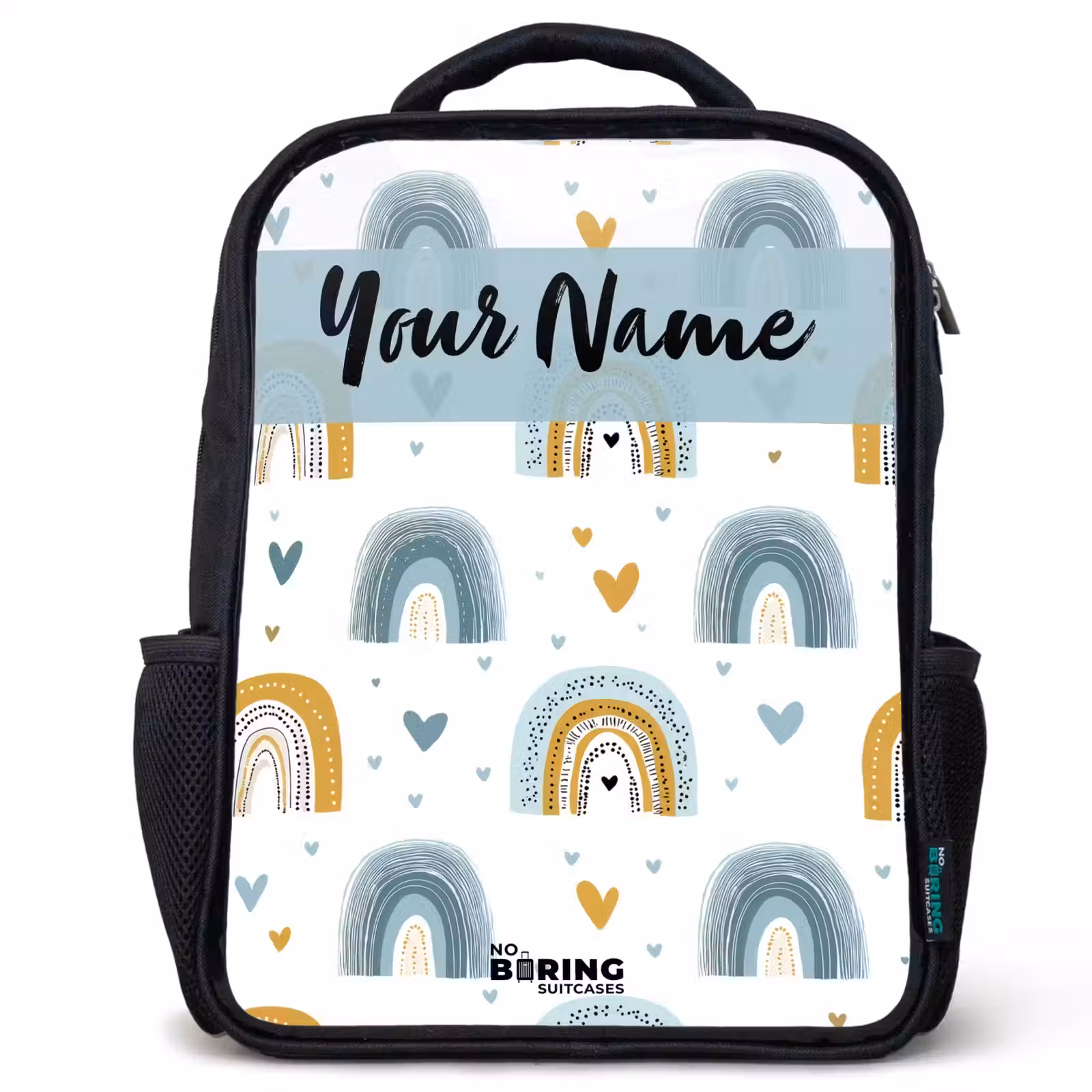Kids backpack with name - Black - Pattern - Rainbow - Hearts — 1
