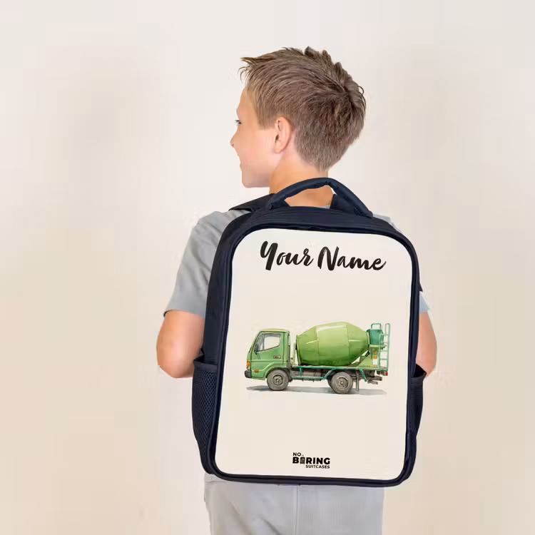 Kids backpack with name - Black - Concrete mixer - Signed - Green — 2