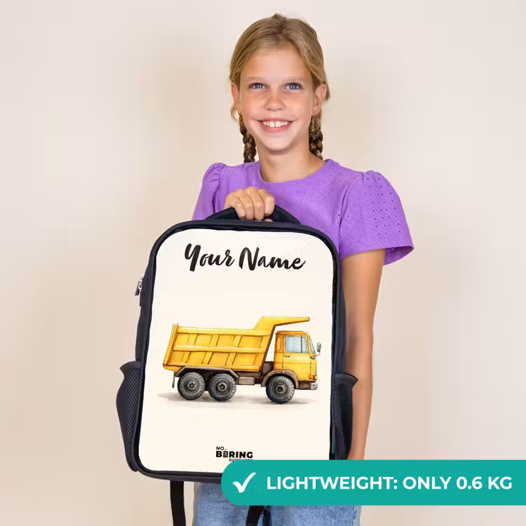 Kids backpack with name - Black - Dump truck - Signed - Yellow — 9