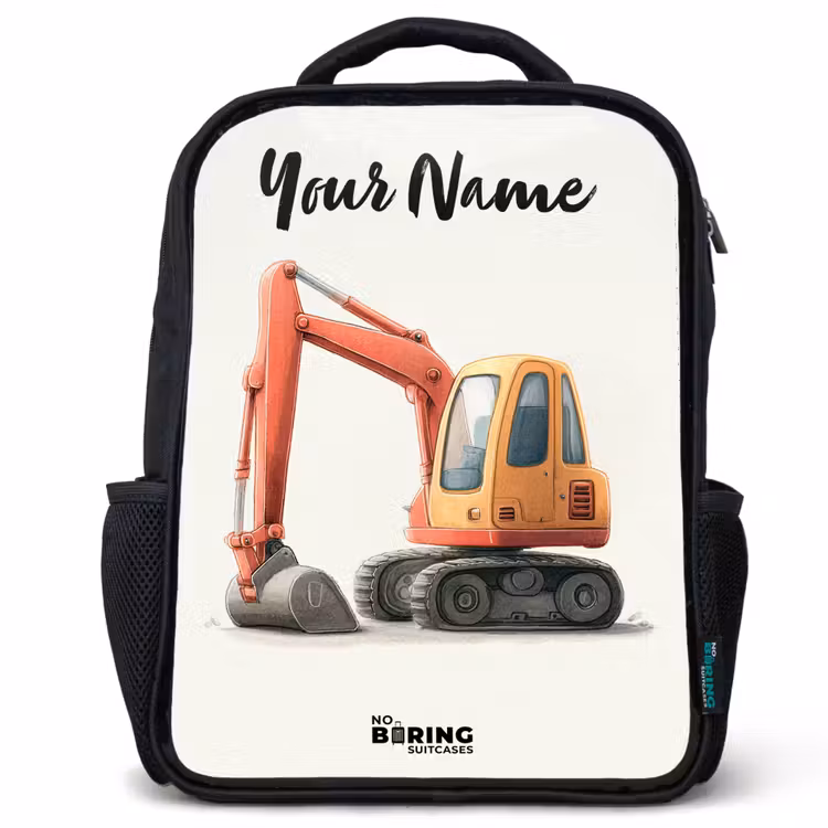 Kids backpack with name - Black - Excavator - Signed - Orange — 1