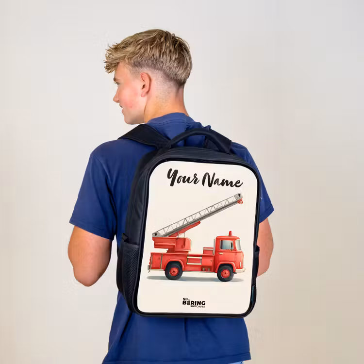 Kids backpack with name - Black - Fire truck - Signed - Red — 5